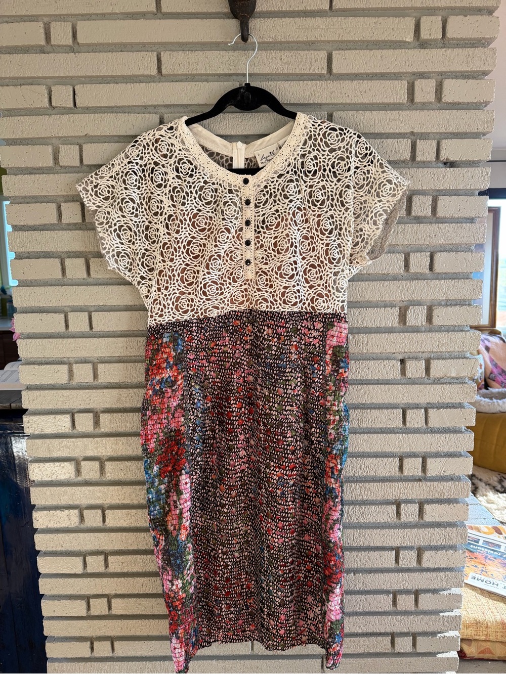White Lace Bodice Multi-Color Print Midi Dress